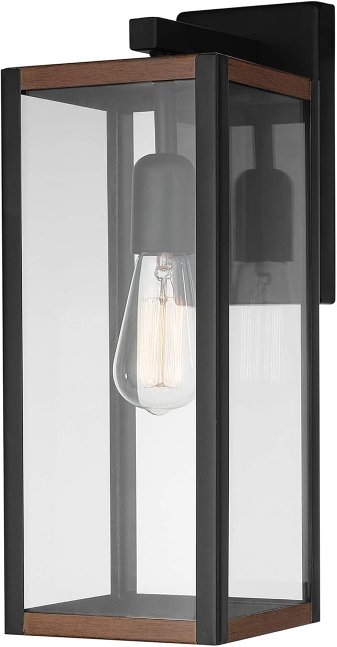 GLOBE Electric 44681 1-Light Outdoor Indoor Wall Sconce Matte Black Faux Wood Accents Clear Glass Shade Back Porch Lights Front Patio Garage Fixture Exterior Lighting for House