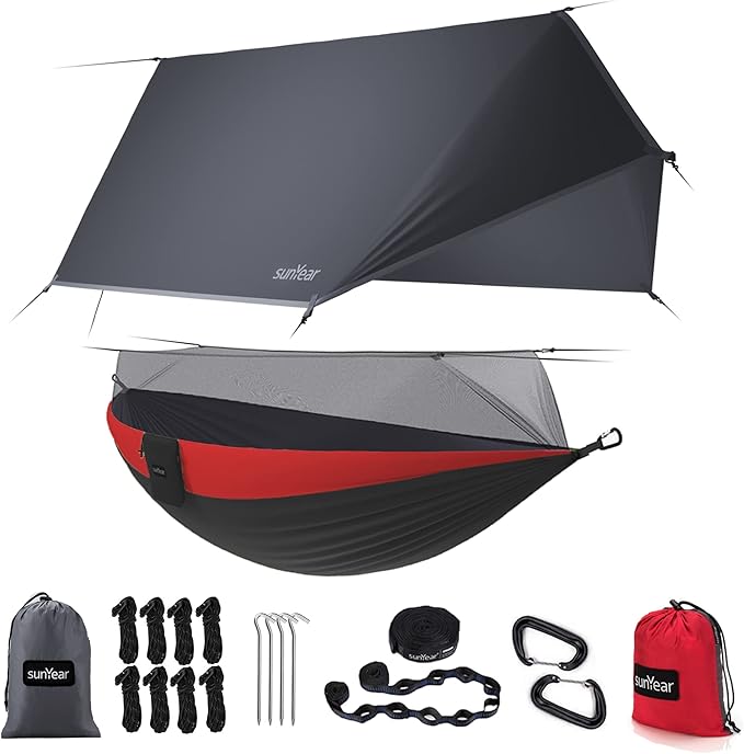Sunyear Camping Hammock Portable Single &amp Double Hammock with Net 2 Person Hammock Tent with 2 * 10ft Straps Best for Outdoor Hiking Survival Travel