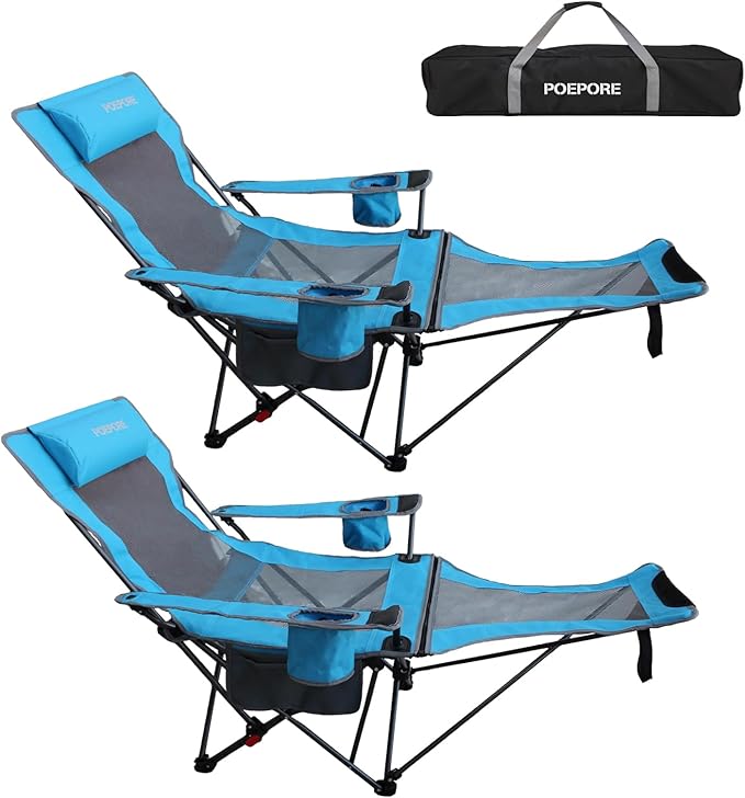 Reclining Camping Chair with Removable Footrest Lounge Chair with Headrest Cotton Cushion Portable Adjustable Folding Chairs