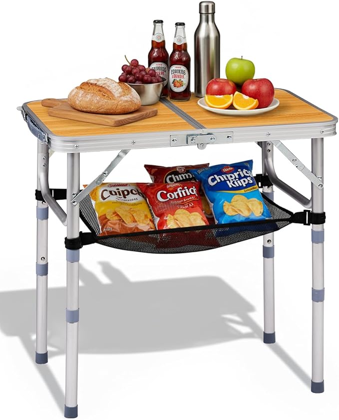 Outvita Folding Table 2FT Aluminum Camping Table with Storage Adjustable Height Picnic Table Lightweight for Carring Outdoor Party Events Beach