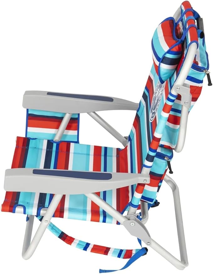 Tommy Bahama 5 Position Beach Chair Zippered Insulated Cargo Pouch Cup and Cell Phone Holders Towel Bar Pillow for Extra Comfort Heavy-Duty Weight Capacity 2-Pack (Red Stripes)