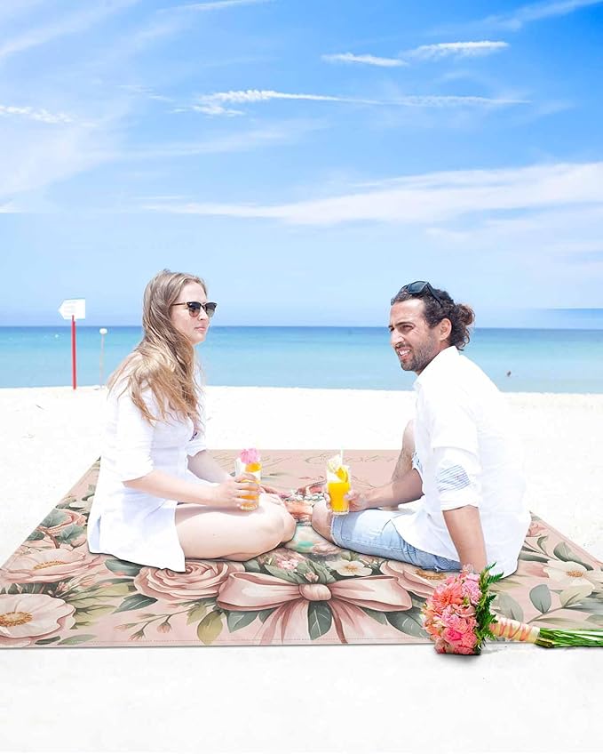 Beach Blanket Waterproof Sandproof OversizedEaster Rabbit Rose Flower Beach Mat with Corner Stakes Sand PocketsSpring Pastoral Floral Light Pink Outdoor Picnic Mat for Travel Camping Hiking95x80In