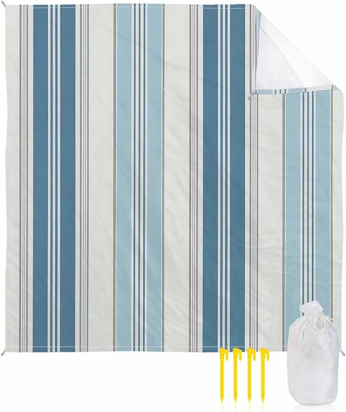 Beach Blanket Waterproof Sandproof OversizedOmbre Blue Gray Stripe Beach Mat with Corner Stakes Sand PocketsWatercolor Vertical Striped Outdoor Picnic Mat for Travel Camping Hiking118x108In