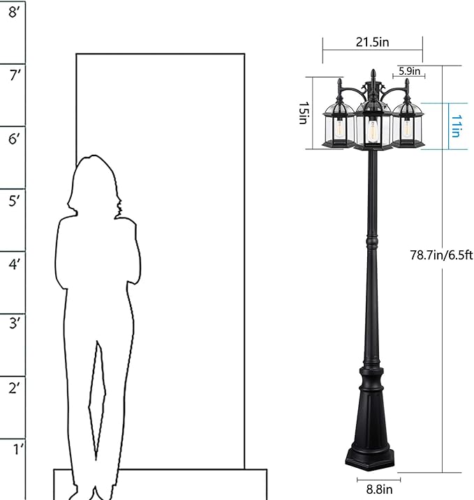 Aluminum Outdoor Lamp Post Birdcage Hardwired Street Light Post for Outside 3-Head Pole Light Modern Lamp Post Outdoor Lighting with Clear Glass Panels for Garden Patio Backyard Walkway Driveway