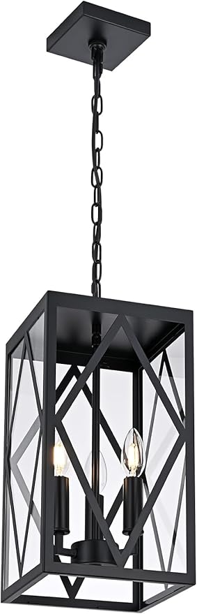 15.7'' Outdoor Pendant Light for Porch 3-Lights Metal Black Outdoor Chandelier Exterior Hanging Porch Light Fixtures w/Clear Glass Outside Pendant Lantern for Front Door Entryway E12 Base