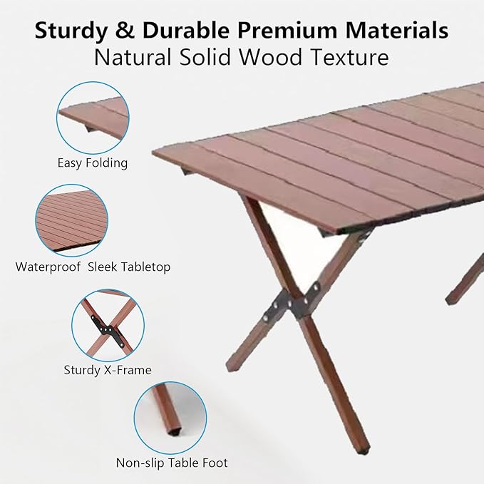 48Inch Folding Camping Table Lightweight Roll-Up Table Aluminum Low Portable Picnic Table with Carrying Bag for Outdoor Beach Picnic Backyards BBQ and Party (Walnut 120CM)