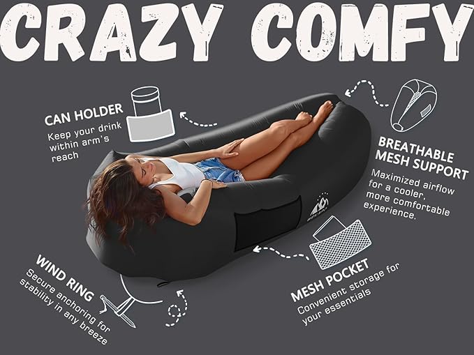 WEKAPO Inflatable Couch with Pump - Easiest Setup Crazy Comfy &amp Ultralight - Blow up Lounger Chair Perfect for Hiking Camping Beach Festivals - Lightweight Air Sofa for Relaxing Anywhere (Blac