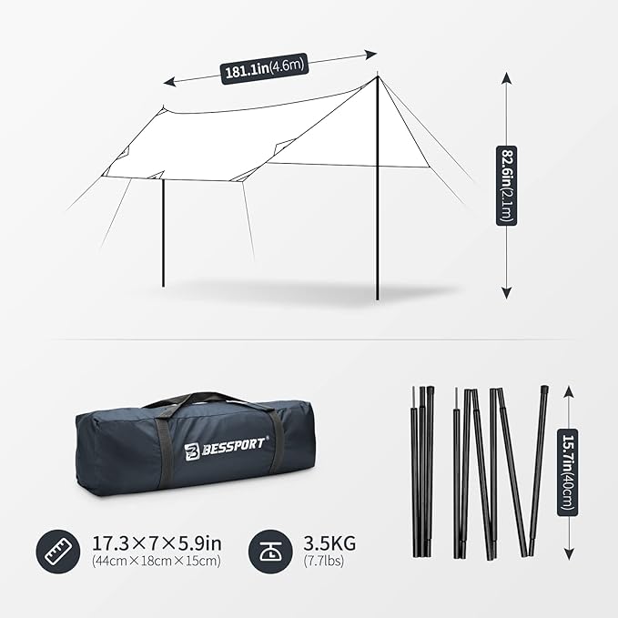 Bessport Camping Tarp 16×9.8FT with 2 Poles Lightweight Car Awning Sunshade Portable Multifunctional Backpacking PU 3000mm Waterproof Rain Fly Hammock Tarp for OutdoorTraveling Hilking