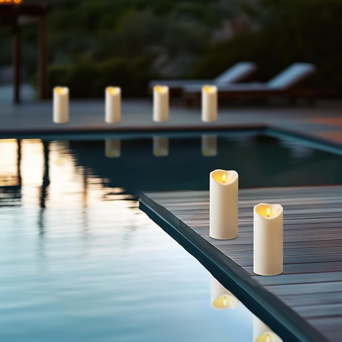 Amagic 4” x 9” Large Outdoor Waterproof Flameless Candles with Remote Battery Operated Candles with Timer Flickering Fake LED Pillar Candle for Patio Yard Porch Decor Ivory White Set of 2