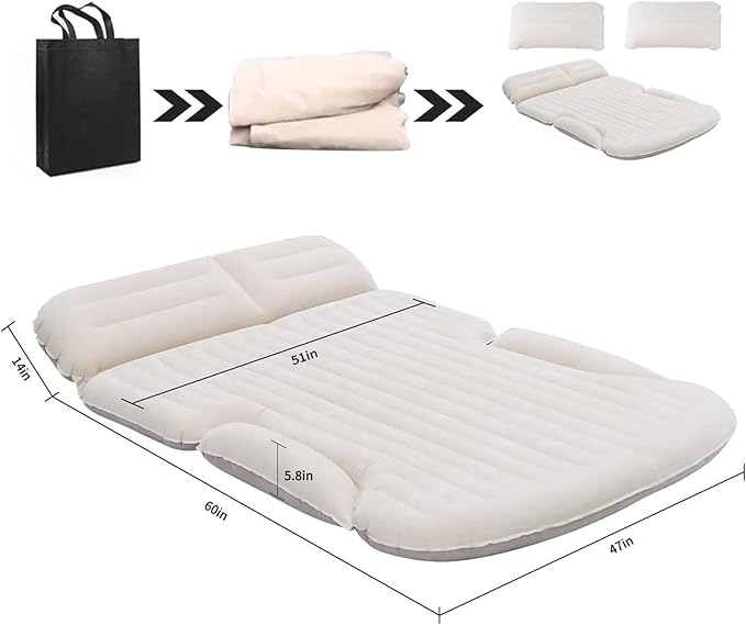 KMZ SUV Air Mattress Thickened and Double-Sided Flocking Travel Camping Bed with 2 Pillows &amp Electric Pump Dedicated Mobile Cushion Inflatable Bed for SUV Trunk and Rear Seat (Beige and Coffee)
