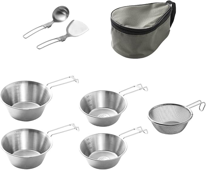 Stainless Steel Camping Tableware Kit with Bowls Strainer Spatula Spoon Chopsticks Storage Bag for Hiking Picnic