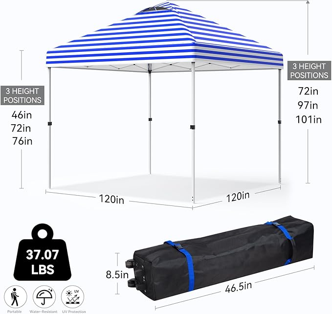 Nazhura 10' x 10' Pop Up Canopy with Sand Weight Bag Awing for Patio Freestanding Sun Shelter for Picnic and Camping One Person Setup White (Blue Stripe)