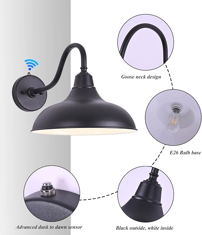 Outdoor Gooseneck Barn Light 12 Inch Dusk to Dawn Exterior Barn Lights Farmhouse Black Exterior Lights Fixture Wall Mount Outdoor Wall Sconce for Garage Porch Patio
