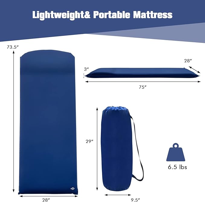 Tangkula Self Inflating Sleeping Pad 3 Inch Inflatable Camping Mattress Pad with 9.5R Value Insulated Foam Camping Mat with Pillow Lightweight Camp Sleep Pad for Backpacking Car Tent