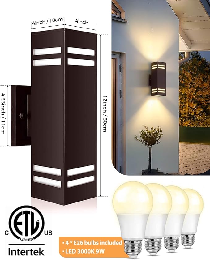 SHIMR Dusk to Dawn Outdoor Wall Lights 2 Pack Exterior Lighting Fixtures with Oil Rubbed Bronze Finish Square Outdoor Sconce Lights Up and Down Lights for House Porch Patio [ETL Listed]