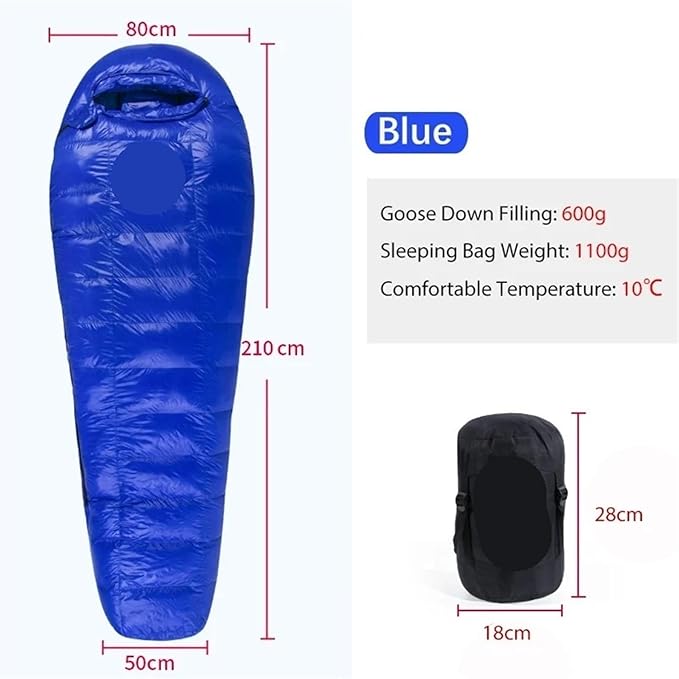Sleeping Bag White Goose Down Sleeping Bag Camping Filled Men Warm for Travel Hiking for Adult(Blue 600g)