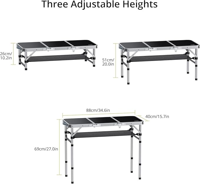 Anbte Folding Camping Table with Storage Net 3ft Camping Table Aluminum Folding Table with 3 Adjustable Height Max 27.1 Inch Picnic Table Portable Table for Outdoor Backyard BBQ Black