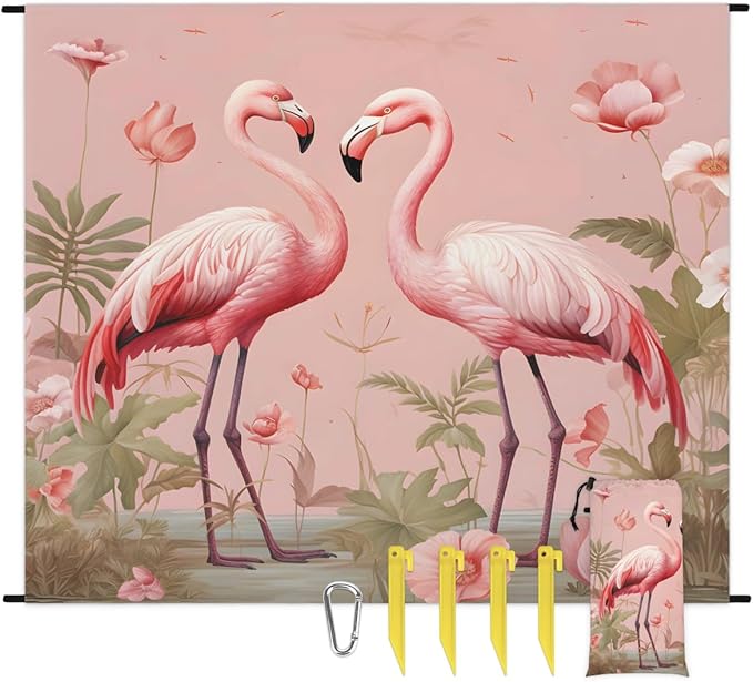 Waterproof Sandproof Beach Blanket 59''×68'' Flamingo Polyester Outdoor Picnic Blanket with 4 Stakes &amp Storage Bag for BeachCampingVacation Pink