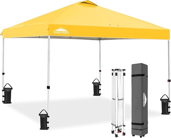 EAGLE PEAK Pop Up Canopy Tent with Wheeled Carry Bag 8 Stakes 4 Ropes 4 Weight Bags Easy Set Up Tent Canopy 10x10 ft 100sqft of Shade Yellow
