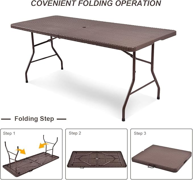 Tangkula 6Ft Rattan Folding Table Indoor Outdoor Portable Foldable Table with 1.8 Inch Umbrella Hole Heavy Duty Metal Frame Carrying Handle for Camping Picnic Backyard BBQ