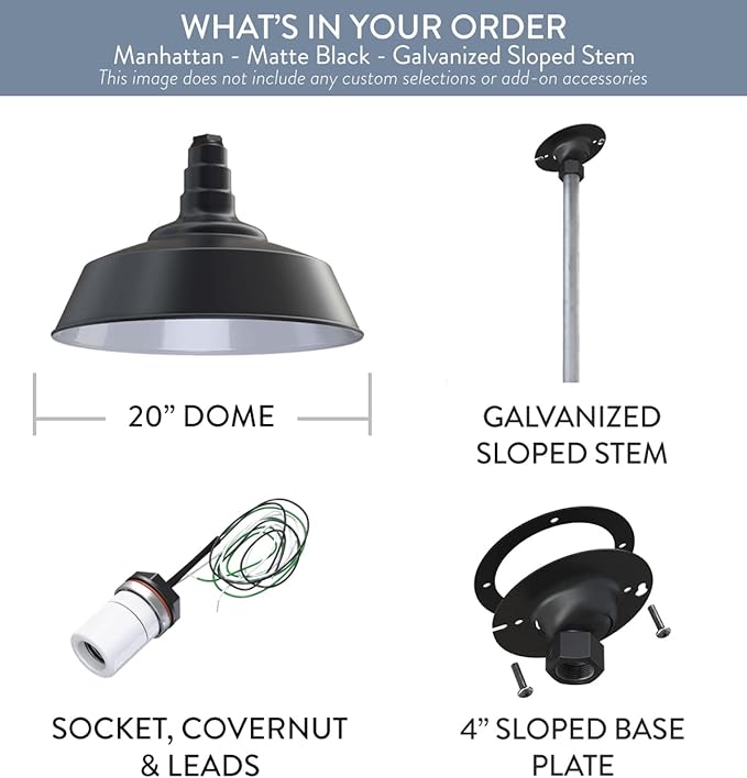Steel Lighting Co. Manhattan Warehouse Light | Ceiling Mounted Pendant | 20 inch Dome | 12 inch Sloped Stem | Large Steel Barn Light Made in America | Matte Black Exterior/White Interior