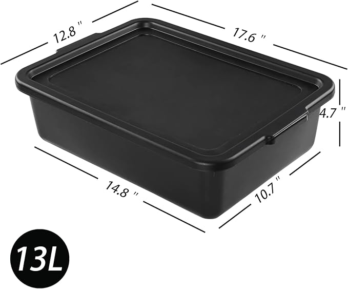 13 L Black Plastic Bus Tub with Lid 3 Pack Bus Dish Pan