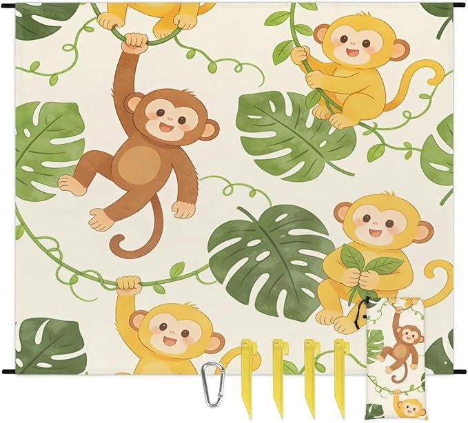 Tropical Cartoon Monkey Beach Blanket - Waterproof and Sand Proof 79 x83 Large Lightweight Picnic Mat Suitable for Beach Camping Hiking Includes 4 Ground Nails&amp1 Storage Bag