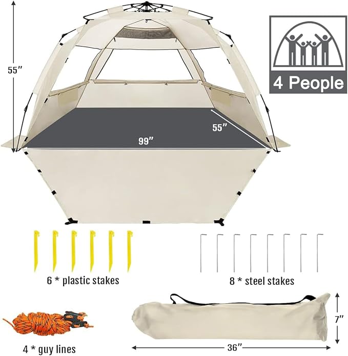 WhiteFang Deluxe Pop Up Beach Tent Sun Shade Shelter for 3-4/5-6 Person UV Protection Extendable Floor with 3 Ventilating Windows Plus Carrying Bag Stakes and Guy Lines