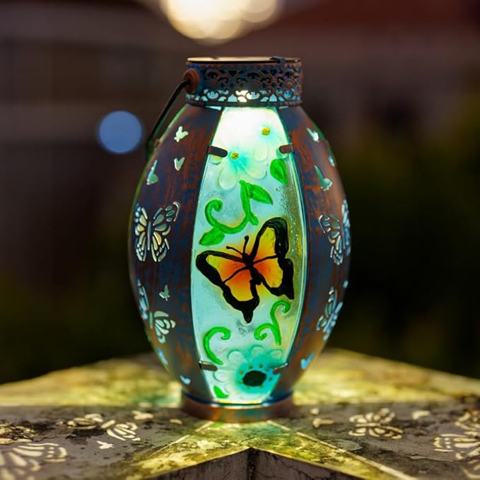 Butterfly Hanging Solar Lantern Outdoor Garden Decor Butterfly Lantern Memorial Gardening Gifts for Mom Grandma Solar Lights for Outside Waterproof Table Decor