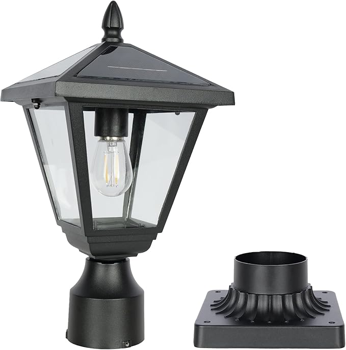 Solar Post Lamp Lights Metal and Glass Built Dusk to Dawn Solar Post Lights with Pier Mount Base 6000K Outside Lights Outdoor Waterproof for Garden Yard Pole Pillar(Cool White)