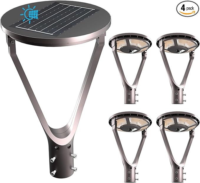 Lightdot Solar LED Post Top Lights Circular Area Light 5000K LED Parking Lot Light with Photocell Outdoor Pole Lights Fixture for Garden Yard Street Lighting - 4 Pack
