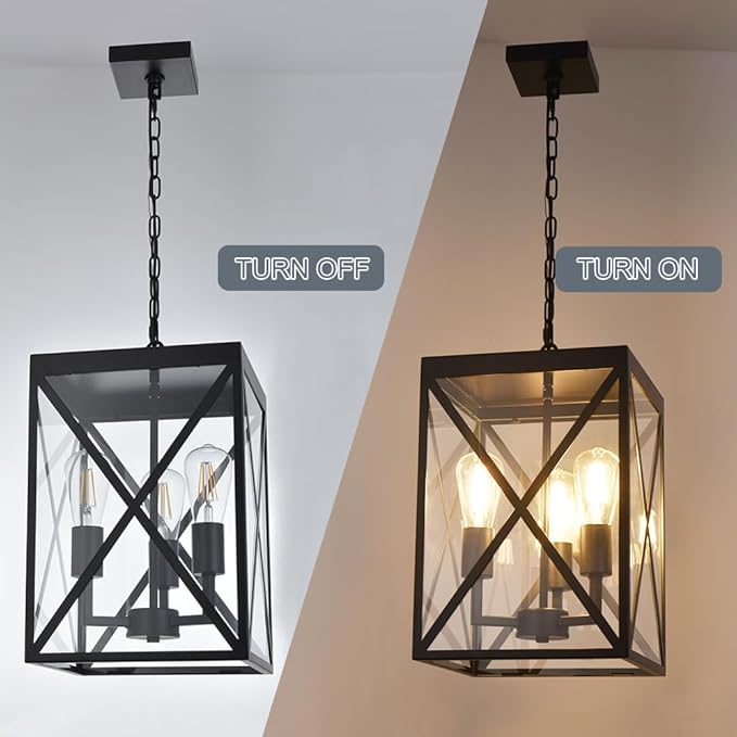 TODOLUZ Large Outdoor Porch Light Adjustable Chain 3-Lights Modern Outdoor Pendant Lighting in Matte Black Finish Outside Ceiling Mount Lamp for House Front Door Porch Patio Entryway