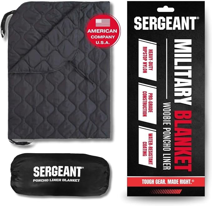 SERGEANT Poncho Liner Woobie Camping Blanket and Carry Bag. Waterproof Windproof Military-Grade All-Weather Rugged Rip-Stop Camping Hunting Hiking Picnic Survival Outdoor Blanket in Black