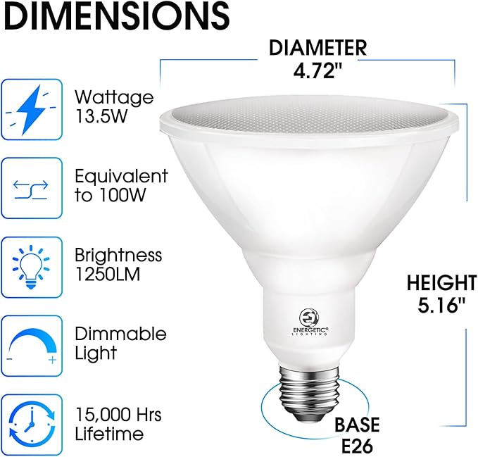 Energetic 100W Outdoor Par38 Led Flood Light1250lm5000K DaylightDimmable E26 BaseWaterproof Spot BulbUL Listed (12 Pack)