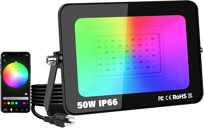 RIGIDON 1 Pack 50W LED Flood Light Outdoor with Plug Smart RGB DIY Scenes Color Changing Landscape Lighting with APP Control IP66 Waterproof Flood Lights for Garden Yards Stage House