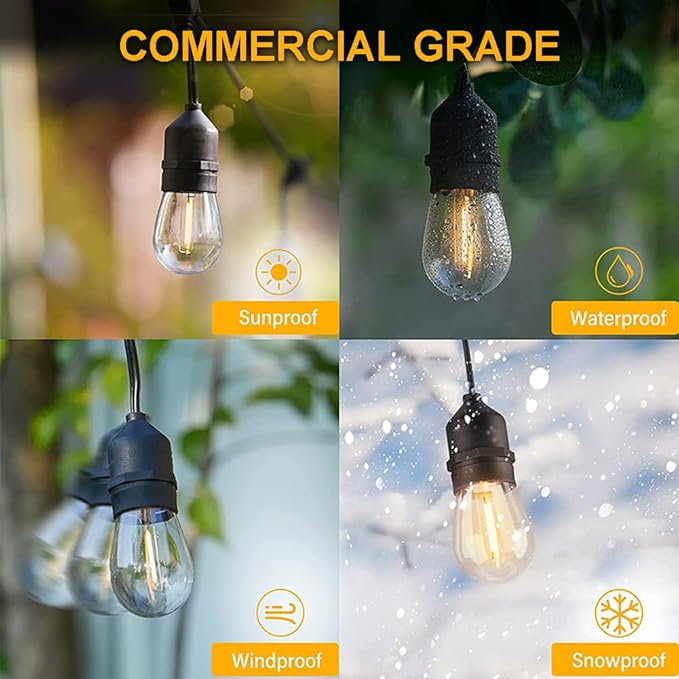 24 Feet Outdoor String Lights | IP65 Waterproof with 13 Shatterproof LED Bulbs | Warm White Patio Lights for Garden Cafe &amp Wedding - 5-Minute Tangle-Free Setup with Hooks