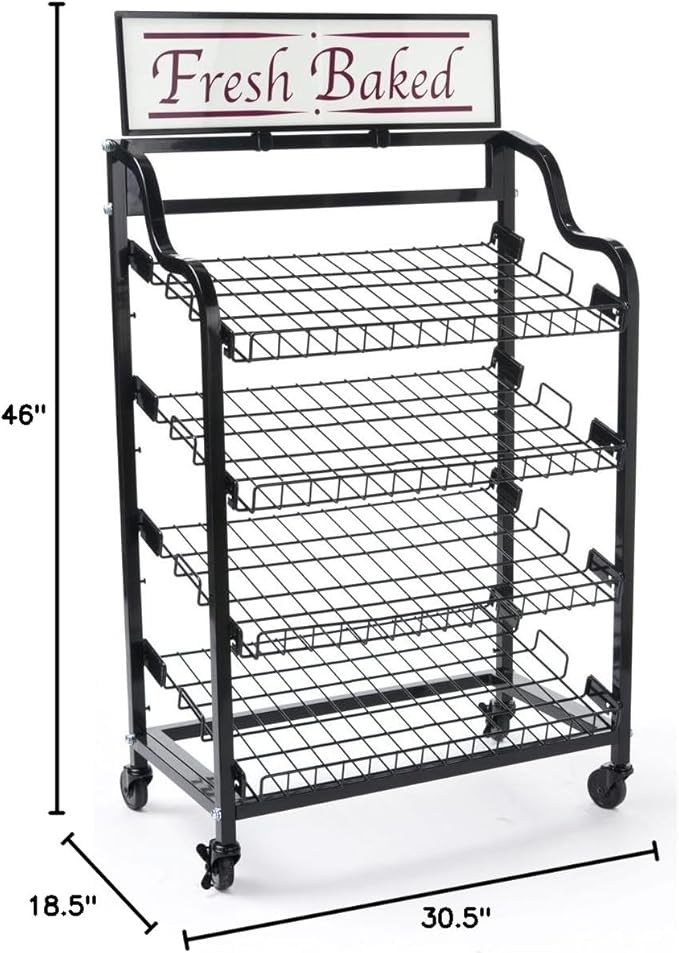 Displays2go Wheeled Metal Rack with Four Tilting Wire Shelves Black (BAKCRT4NBK)