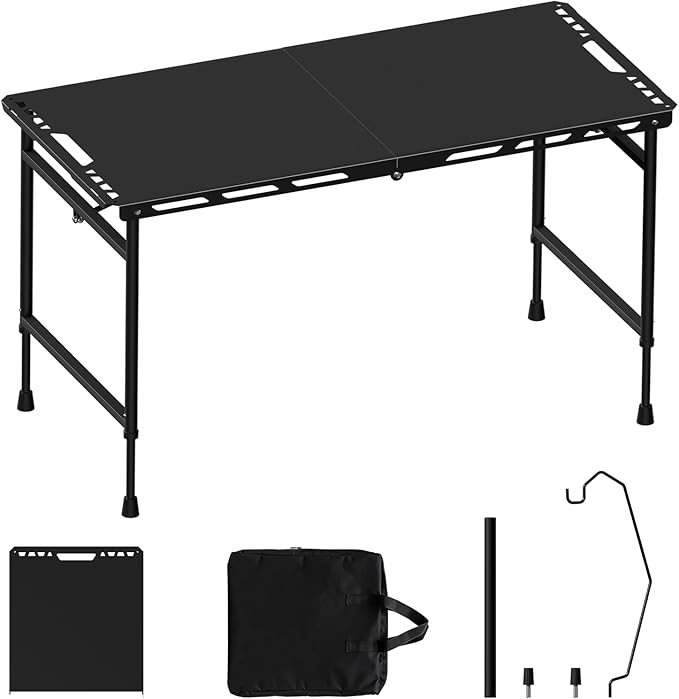 3.4 Ft Folding Camping Table - 12 lb Lightweight Portable Picnic Table with Adjustable Height &amp Carry Handle - Large Folding Table for Outdoor BBQ Beach Hiking &amp Home (Black)