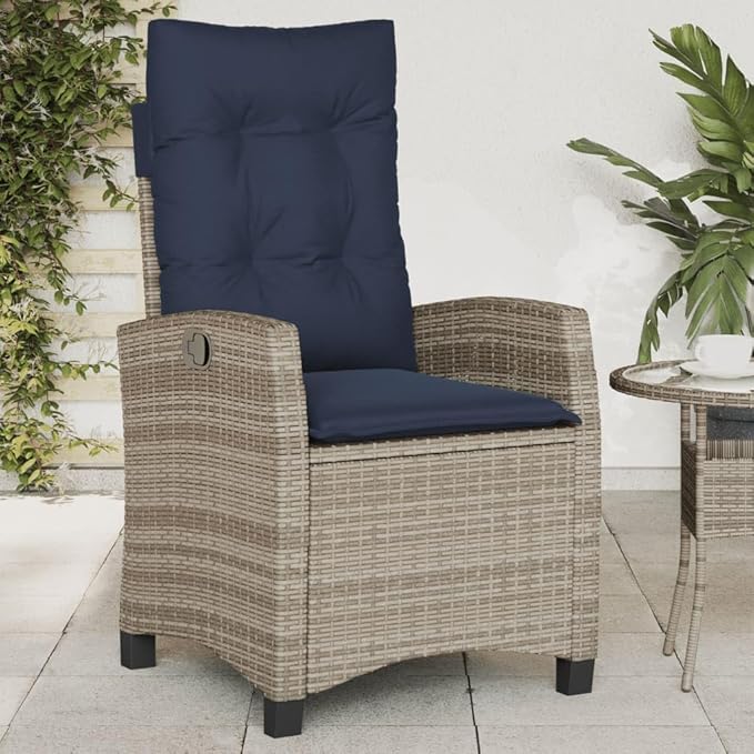 2-Piece Reclining Garden Chair Set with Adjustable Armrests Grey Poly Rattan and Navy Blue Cushions for Patio Outdoor Lounge Furniture with Durable Weather-Resistant