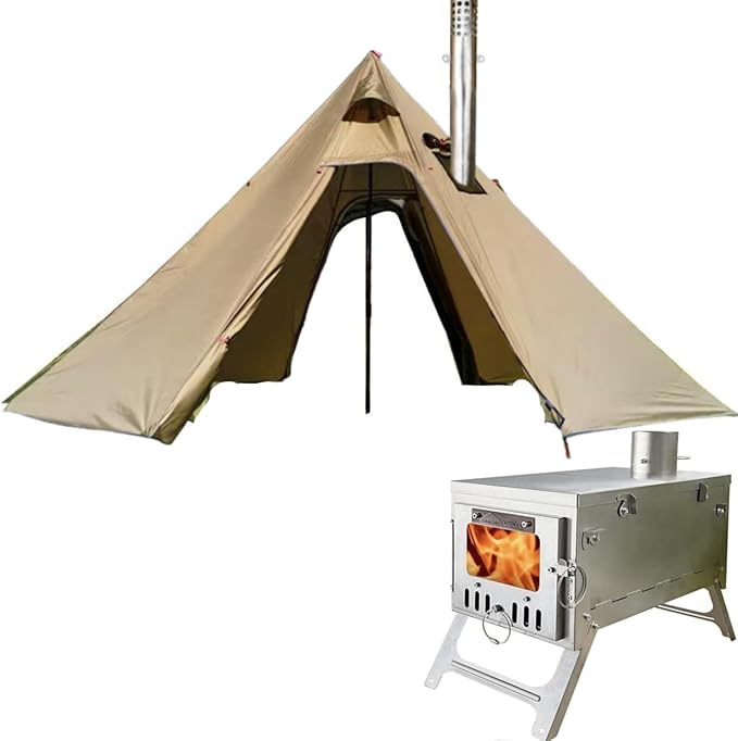 DANCHEL OUTDOOR Backpacking Hot Tent w/Stove Jack Portable Tipi Tent with T6 Titanium Folding Wood Stove for 1-4 Person Winter Camping Hunting3m/4m