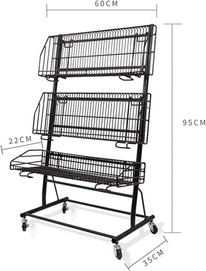 Retail Display Rack with Wheels 3 Tier Fruit Vegetable Snack Basket Shelf Strengthened Metal Frame for Home Store Market Supplies