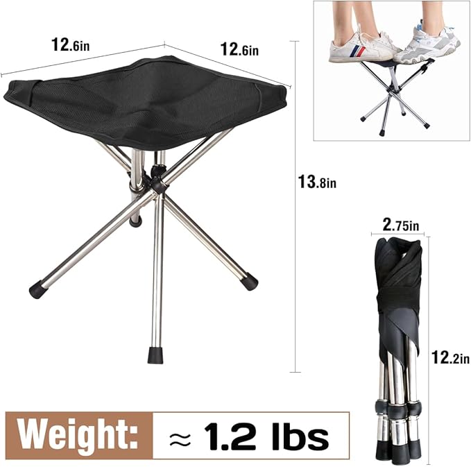 Ultra-Lightweight Camping Stoo - 260lbs Capacity | 13.8in Expanded Height | 1.2lbs Ultra-Light &amp Waterproof | 1-Pull Quick Setup for Camping Hiking Fishing BBQ &amp Waiting in Line (Black)