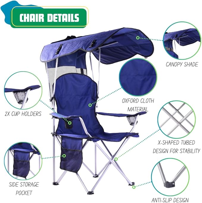 EZONE Folding Canopy Camp Chair for Outdoors Shade Canopy Portable Chair Camping Tailgates Beach Pool Lawn Chair Sunshade Travel Chair Folding Camping Chair (Upgraded - Navy)