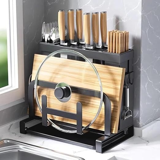 Kitchen Knife Block Organizer with Drip Tray | Ventilated Countertop Storage for Knives Cutting Boards &amp Pot Lids | Space Saving Keeps Dry(GrayB)