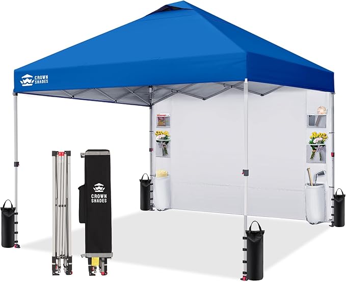 CROWN SHADES Canopy Tent 10 x 10 Foot Portable Pop Up Outdoor Shelter with Pocket Sidewall Push Center Lock UV Protection and Carry Bag Blue
