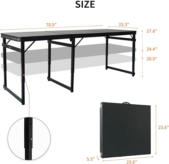 6FT x 2FT Folding Camping Table with Aluminum Alloy Legs Adjustable Height Portable Outdoor Picnic Table for Camping Travel Parties Kids Crafts and Market Vendor Use