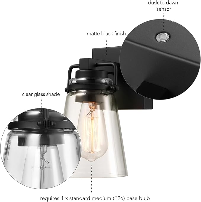 GLOBE Electric 60000174 1-Light Dusk to Dawn Outdoor Wall Sconce Matte Black Clear Glass Shade E26 Bulb Weather Resistant