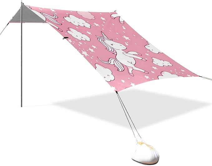 Cartoon Cute Pink Lively Unicorn Camping Sun Shelter Beach Tent Portable Beach Sun Shade Outdoor Canopy for Camping Trips Fishing Picnic
