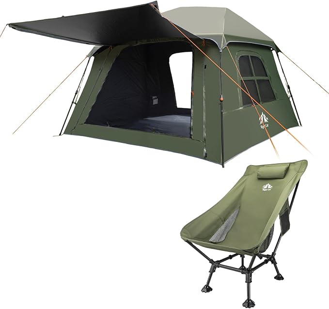 Night Cat Blackout Cabin Tent with High-Back Camping Chair 4 Person Pop Up Camping Tent with Vestibule &amp Rainfly Waterproof Instant Easy Setup Family Tent