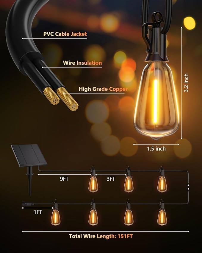 Brightown 151FT Solar String Lights Outdoor Waterproof with Remote 48+2 LED Shatterproof Bulbs Dimmable &amp Timable 3 Light Modes - Commercial Grade Patio Lights for Garden Backyard Party Decor